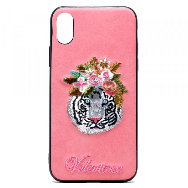Wholesale iPhone X (Ten) Design Cloth Stitch Hybrid Case (Pink Tiger)